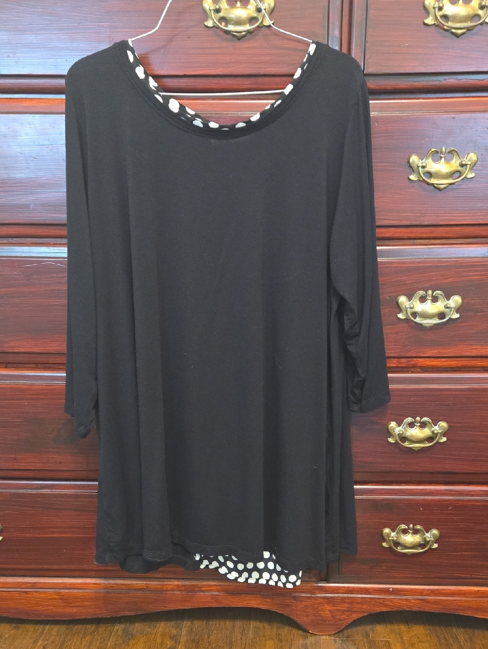 Rose & Olive 3/4 Slv Black Scoop Neck Tunic W/ White Polka-Dot Layer Size 1X